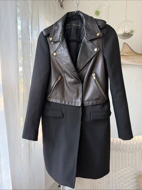 Zara Black Mixed-Media Leather Moto Trench Coat